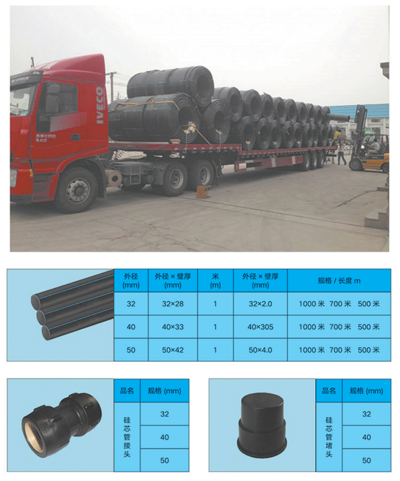 高密度聚乙烯(HDPE )硅芯管制作，系采用特種HDPE原料加硅料共擠復(fù)合而成，具備以下基本特性: 1.管道的強(qiáng)度，包括抗壓，抗張和抗沖擊能力，充分考慮到光(電)纜保護(hù)所需的安全系數(shù)，不再需要大管作外層保護(hù)。 2、硅管曲率半徑小，為其外徑的十倍。敷管時遇到彎曲處和上下管落差處可隨路而轉(zhuǎn)或隨坡而走，無須作任何特別處理，更不必設(shè)入井過渡。 3、其內(nèi)壁的硅芯層是固體的，永久的潤滑濟(jì)。 4、其內(nèi)壁的硅芯層被同步擠壓進(jìn)壁內(nèi)，均勻地分布于整個內(nèi)壁，硅芯層與高度密聚乙烯具有相同的物理和機(jī)械特性:不會剝落，脫離。 5、其內(nèi)壁硅芯層的摩擦特性保持不變，纜線在管道內(nèi)反復(fù)抽取。 6、其內(nèi)璧的硅芯層不與水溶，污物進(jìn)管后可用水沖洗管道，可免遭嚙齒動物破壞。7、抗老化，使用壽命長，埋入地下可達(dá)50年以上。 8、耐候性能好。 9、施工快捷，可大降低工程造價。